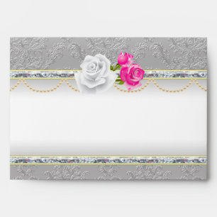 Elegant Silver Damask and Pink Rose Envelopes