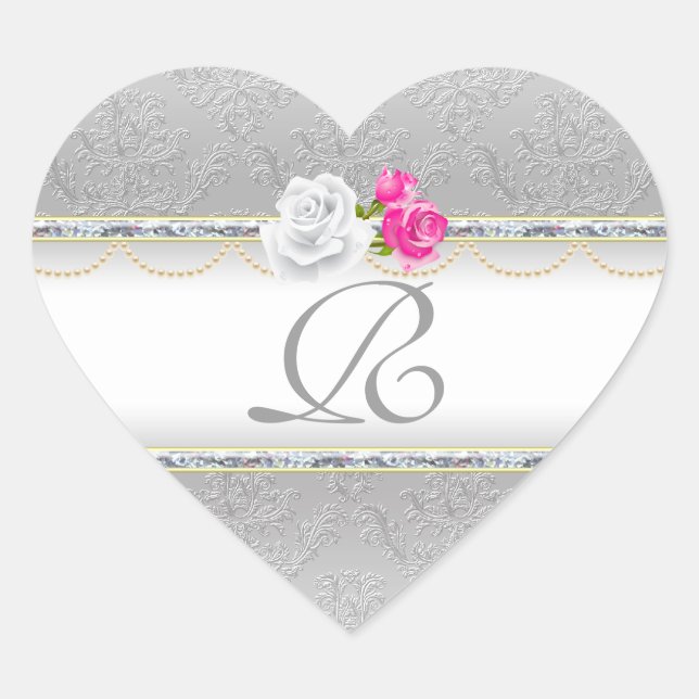 Elegant Silver Damask and Pink Rose Monogram Heart Sticker (Front)