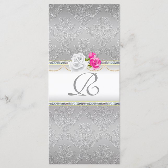Elegant Silver Damask and Pink Rose Monogram Programme (Front)