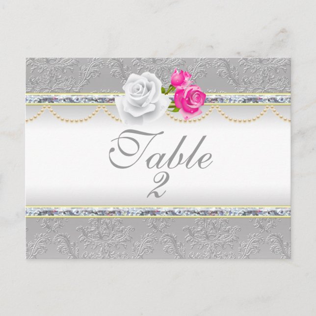Elegant Silver Damask and Pink Rose  Table Number Postcard (Front)