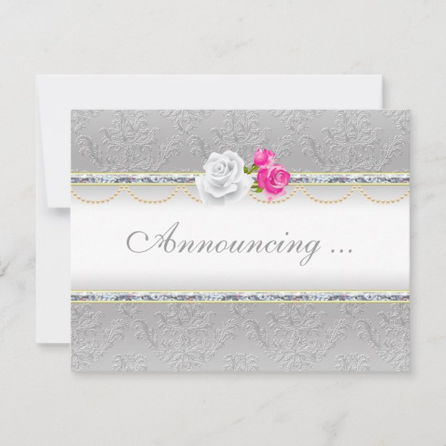 Elegant Silver Damask and Pink Rose  Wedding Invitation (Front)