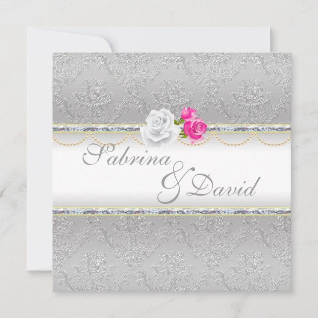 Elegant Silver Damask and Pink Rose  Wedding Invitation (Front)