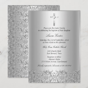 Elegant Silver Damask & Cross Baptism/Christening Invitation
