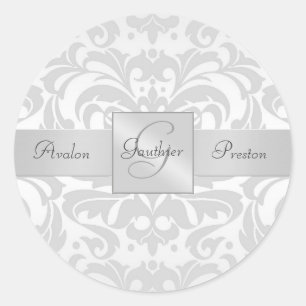 Elegant Silver Damask Monogram Wedding Sticker