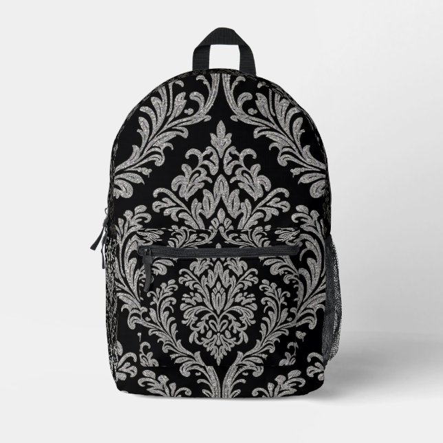 Elegant Silver Damask Pattern Backpack (Front)