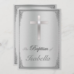 Elegant silver damask & silver cross Baptism  Invitation