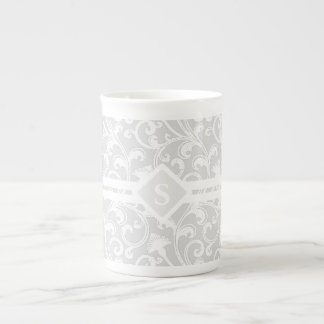 Elegant Silver Damask Swirl Monogram Bone China Mug
