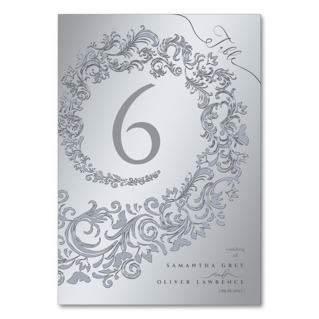 Elegant Silver Damask Wedding Table Number Card (Front)
