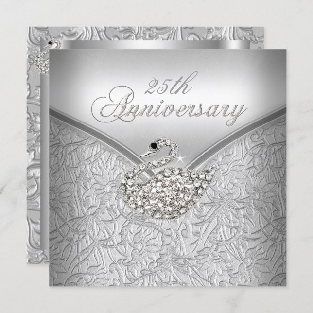 Elegant Silver Damask White Swan 25th Anniversary Invitation (Front/Back)