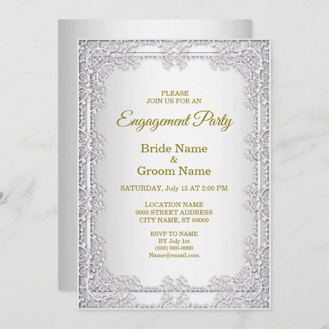 Elegant Silver Decorative Engagement Invitation (Front/Back)