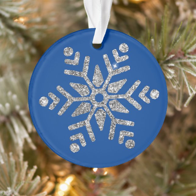 Elegant Silver Diamond Snowflake on Blue Ornament (Tree)