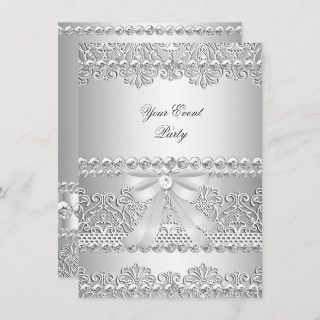 Elegant Silver Diamond White Lace Party Invitation (Front/Back)