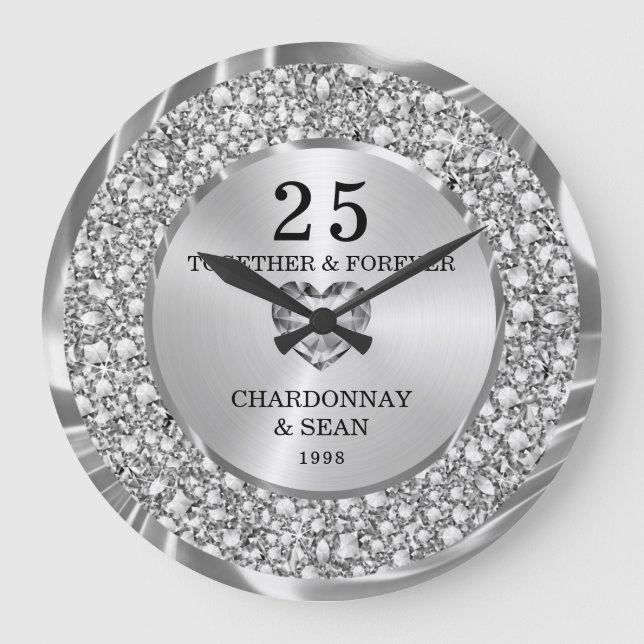 Elegant Silver Diamonds 25th Anniversary Large  Large Clock (Front)