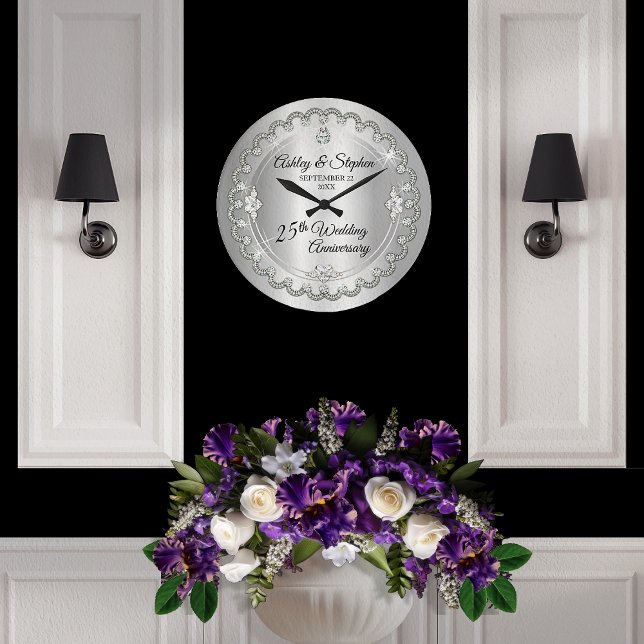 Elegant Silver Diamonds 25th Wedding Anniversary Large Clock (Elegant Faux Silver Diamonds 25th Wedding Anniversary Large Clock)