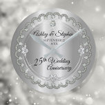 Elegant Silver Diamonds 25th Wedding Anniversary Round Clock<br><div class="desc">Opulent elegance frames this 25th wedding anniversary design in a unique scalloped diamond design with centre teardrop diamond with faux added sparkles on a silver-tone gradient. Original design by Holiday Hearts Designs (rights reserved). Please note that all embellishments are printed and are only made to appear as real as possible...</div>