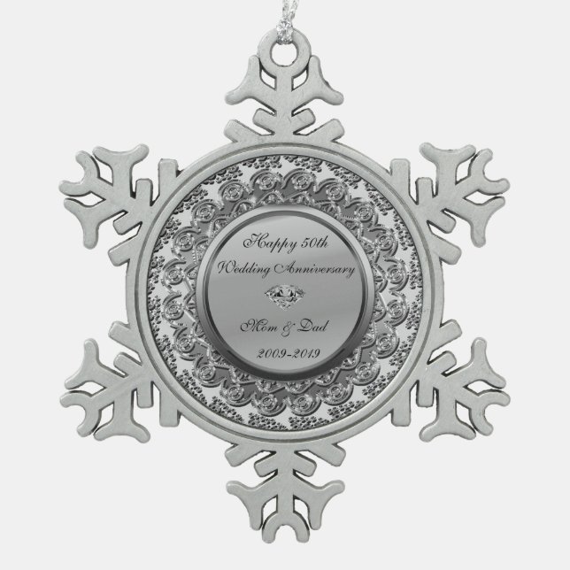 Elegant Silver  Diamonds 50th Wedding Anniversary Snowflake Pewter Christmas Ornament (Front)
