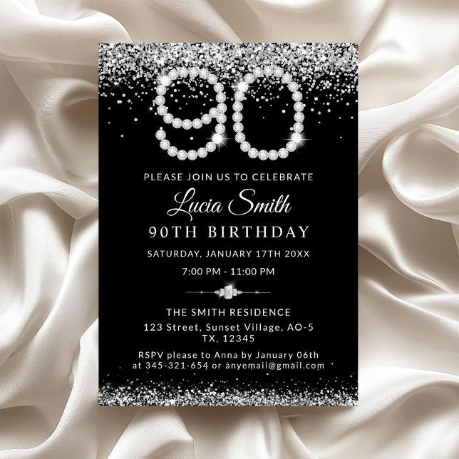 Elegant Silver Diamonds 90th Birthday Party Invitation (Elegant Diamonds 90th Birthday Invitation)