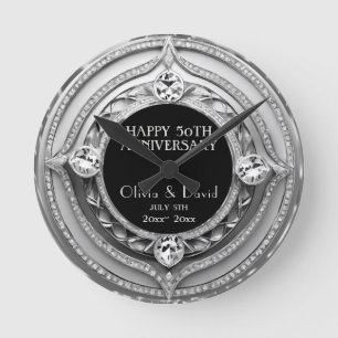 Elegant Silver Diamonds Wedding Anniversary Round Clock