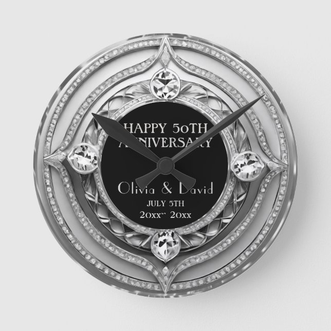 Elegant Silver Diamonds Wedding Anniversary  Round Clock (Front)