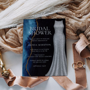 Elegant Silver Dress & Navy Bridal Shower Invitation