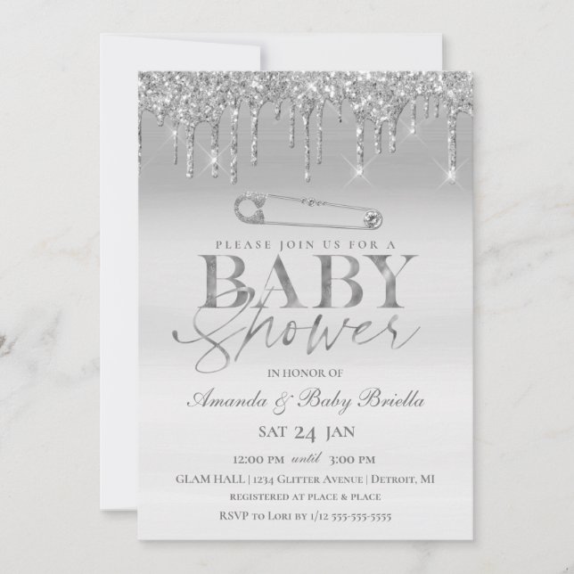 Elegant Silver Drip Safety Pin Baby Shower Invitation (Front)