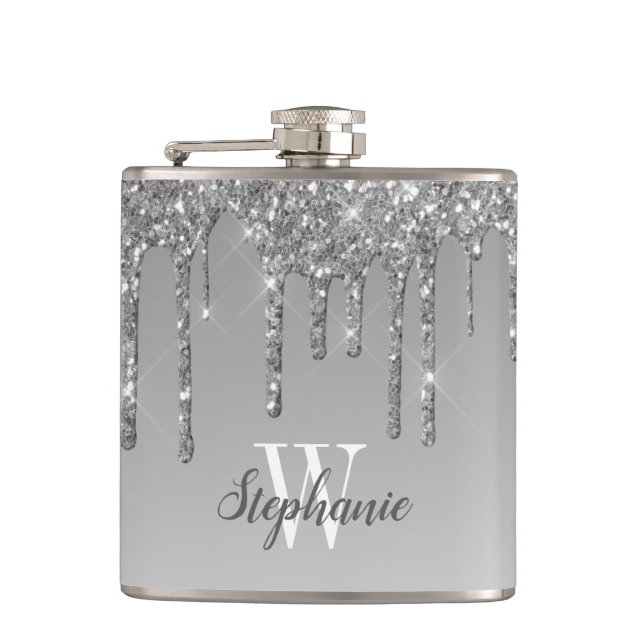Elegant Silver Dripping Faux Glitter Monogram Hip Flask (Front)