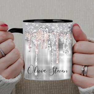Elegant silver dripping glitter monogram coffee mug
