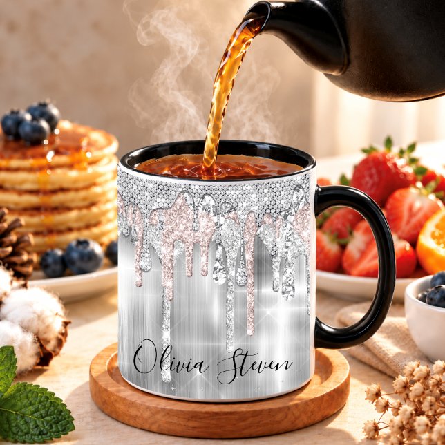 Elegant silver dripping glitter monogram coffee mug (Creator Uploaded)