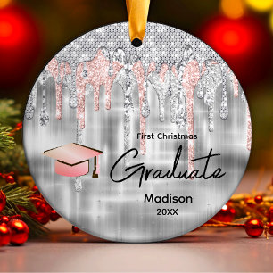 Elegant silver dripping glitter monogram graduate ceramic tree decoration