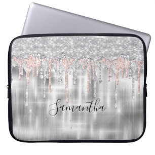 Elegant silver dripping glitter monogram laptop sleeve