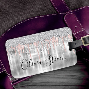 Elegant silver dripping glitter monogram luggage t luggage tag