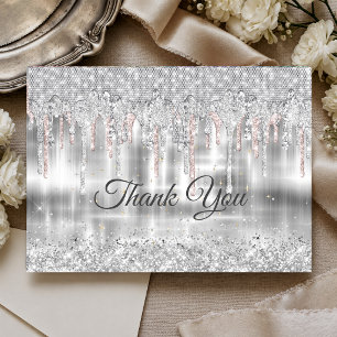 Elegant silver dripping glitter monogram thank you card
