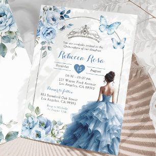 Elegant Silver Dusty Blue Butterfly Quinceañera Invitation