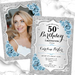 Elegant Silver Dusty Blue Photo 50th Birthday Invitation<br><div class="desc">Elegant floral feminine 50th birthday invitation with your photo at the back of the card. Glam dusty blue design with faux glitter silver. Features silver stripes, light blue roses, script font and confetti. Perfect for a stylish adult bday celebration party. Personalise with your own details. Can be customised for any...</div>