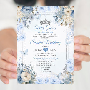 Elegant Silver & Dusty Blue Roses MIS QUINCE Invitation