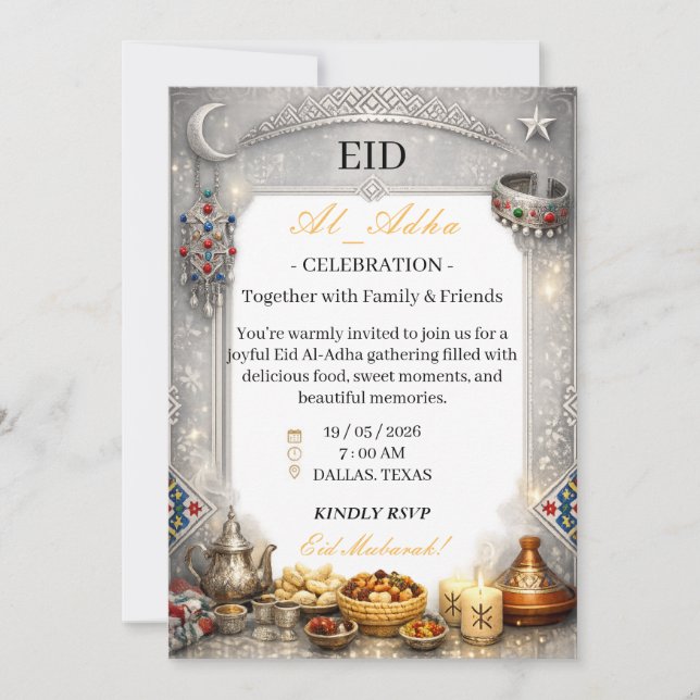 Elegant Silver Eid Al-Adha Celebration Invitation (Front)