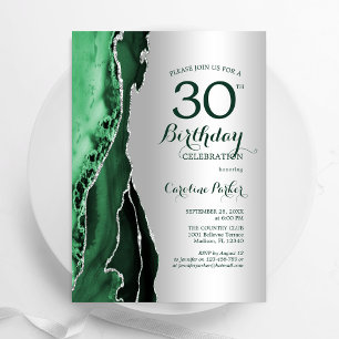 Elegant Silver Emerald Green Agate 30th Birthday Invitation