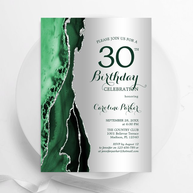 Elegant Silver Emerald Green Agate 30th Birthday Invitation (Creator Uploaded)