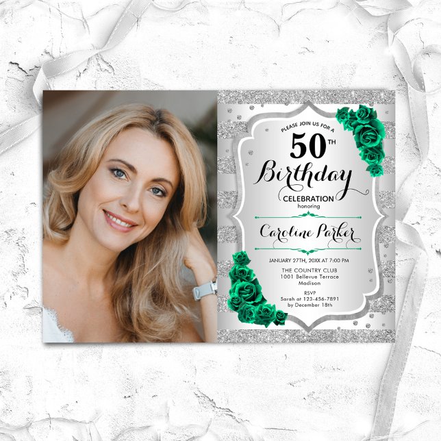 Elegant Silver Emerald Green Photo 50th Birthday Invitation (Creator Uploaded)