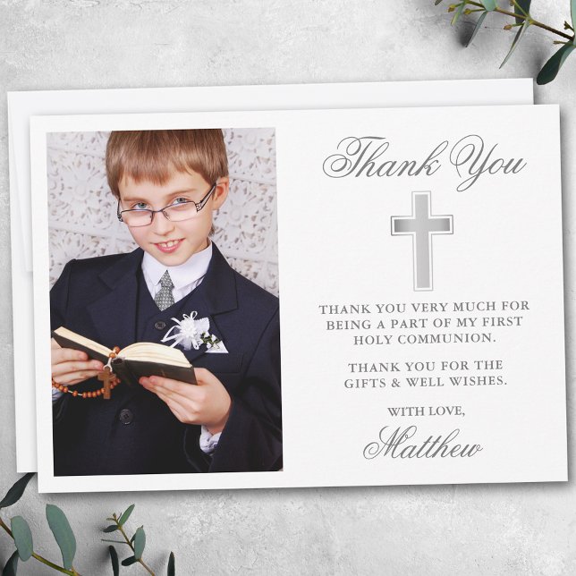 Elegant Silver First Holy Communion Photo Thank You Card (Customize to change text size, style, color or to add more text or photos to back of card.)