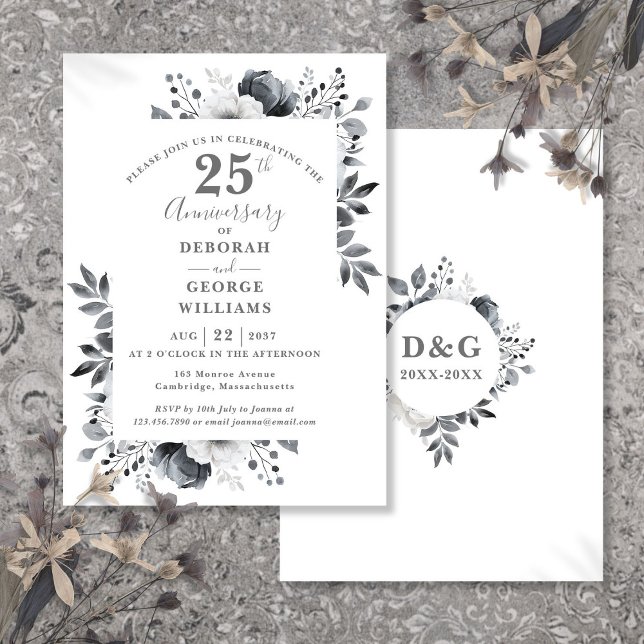 Elegant Silver Floral 25th Wedding Anniversary  Invitation (Elegant Silver Floral 25th Wedding Anniversary Invitation)