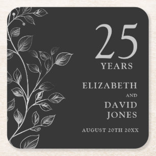 Elegant Silver Floral 25th Wedding Anniversary Square Paper Coaster