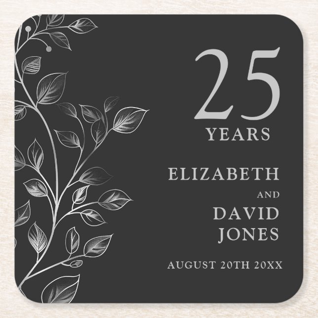 Elegant Silver Floral 25th Wedding Anniversary Square Paper Coaster (Front)