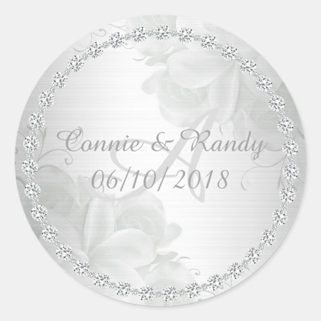 Elegant Silver Floral and Diamond Monogram Wedding Classic Round Sticker (Front)