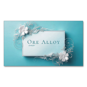 Elegant Silver Floral Filigree Aqua Blue Sophistic Magnetic Business Card