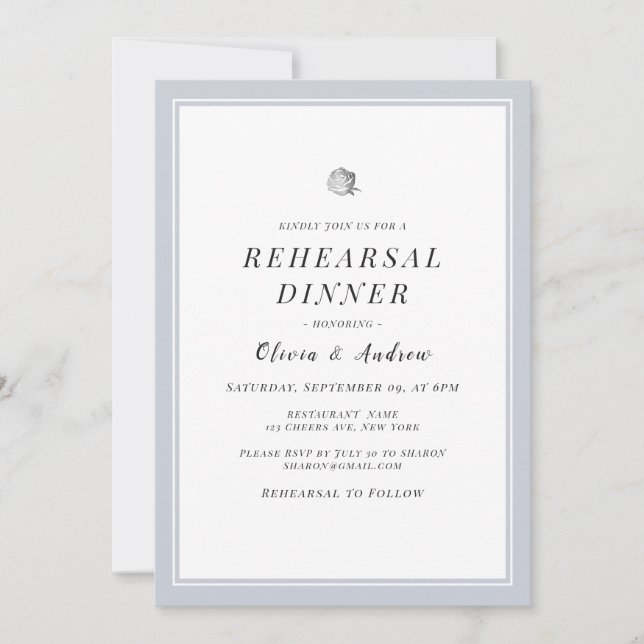 Elegant Silver Floral minimalist Rehearsal Dinner Invitation (Front)