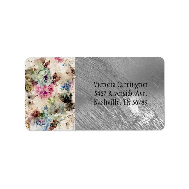 Elegant Silver Floral Watercolor Abstract Wedding Label (Front)