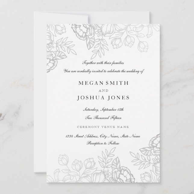 Elegant Silver Floral Wedding Invitation (Front)