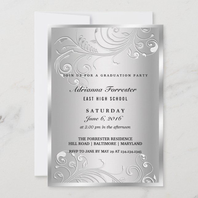 Elegant Silver Flourish Graduation Party Invitation (Front)