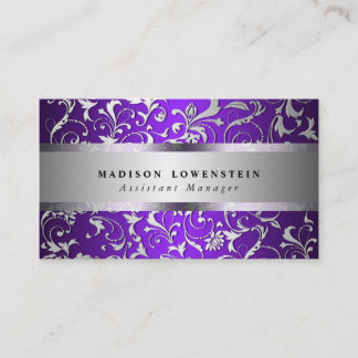 Elegant Silver Flourish Ornate Pattern Purple Business Card